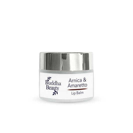 Buddha Beauty Trade Arnica & Amaretto Vegan Lip Balm, cruelty-free lip balm,in glass with chrome lid