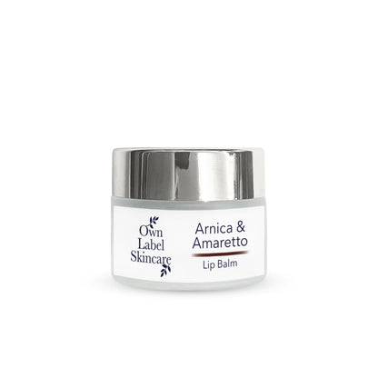 Own Label Skincare. Arnica & Amaretto Vegan Lip Balm in glass jar