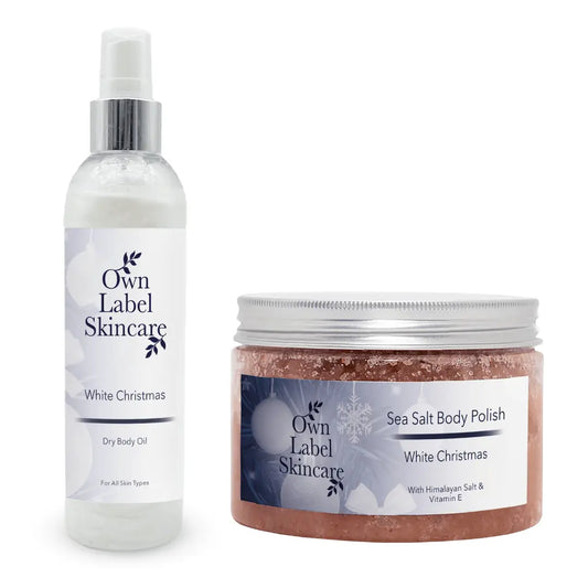 white christmas body set including body scrub and oil, comes in a white ribbon box with your own label ofskincare 